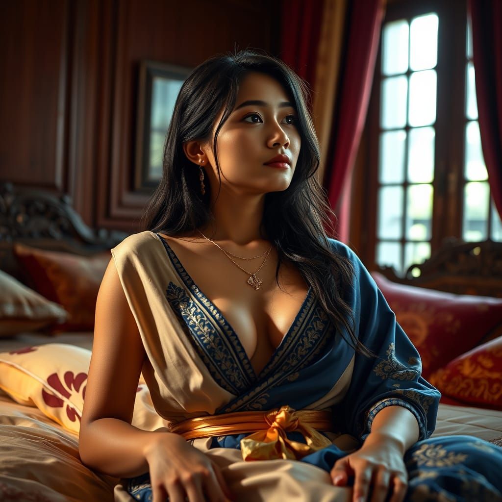 Elegant Woman in Saree on Luxurious Bed