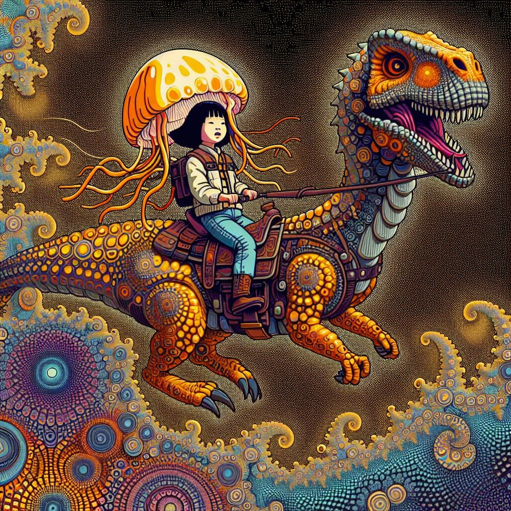 Jellyfish Girl Rides Velociraptor in Pointillist Style