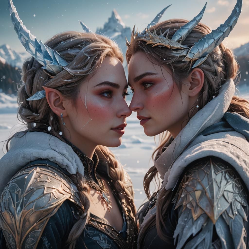 Fantasy Elven Lovers Kissing on Frozen Lake
