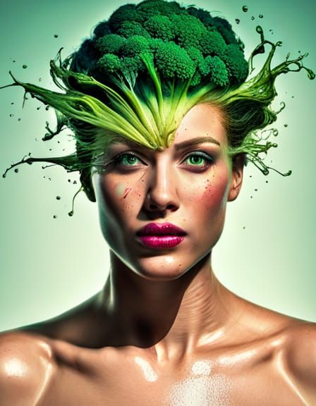 Vibrant Broccoli Water Splash Portrait in Cel-Shaded Style