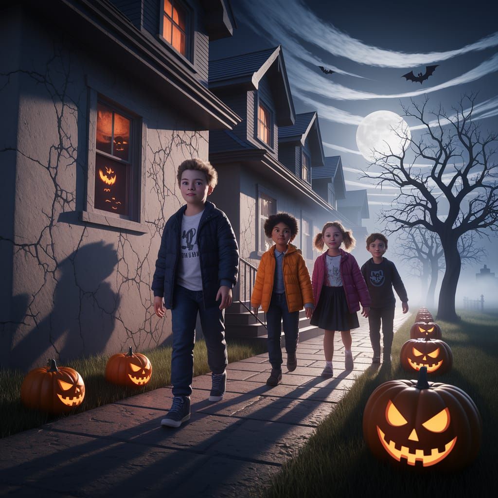 Children Approach Haunted House at Night, Spooky Halloween S...