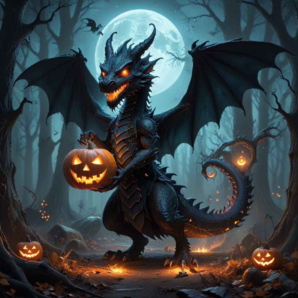 Friendly Black Dragon in Witch Costume with Jack-o'-Lantern