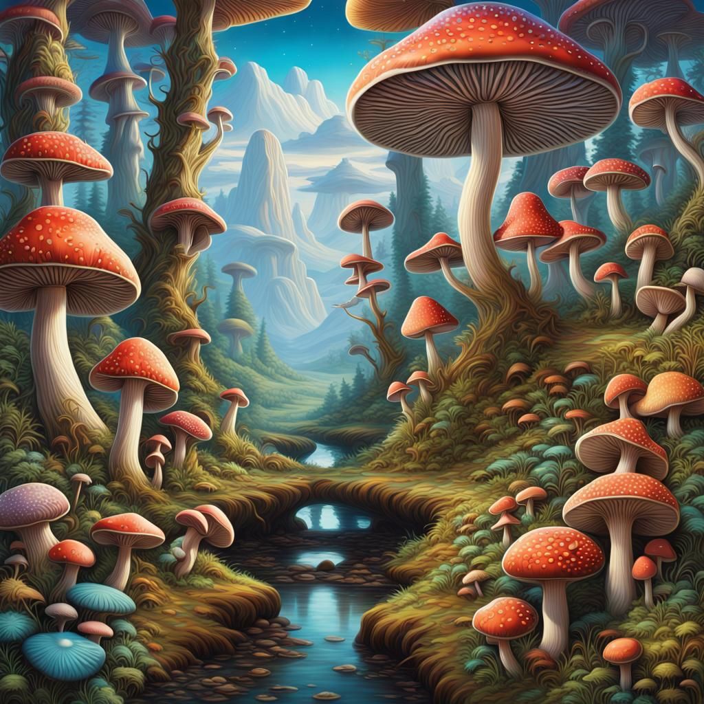 Psychedelic Mushrooms in a Divine Earth Landscape