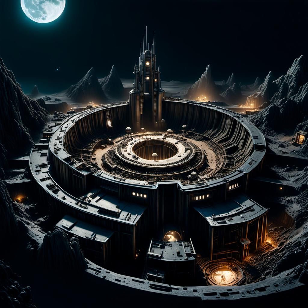 Alien Mining Settlement on the Moon in Sci-Fi Style