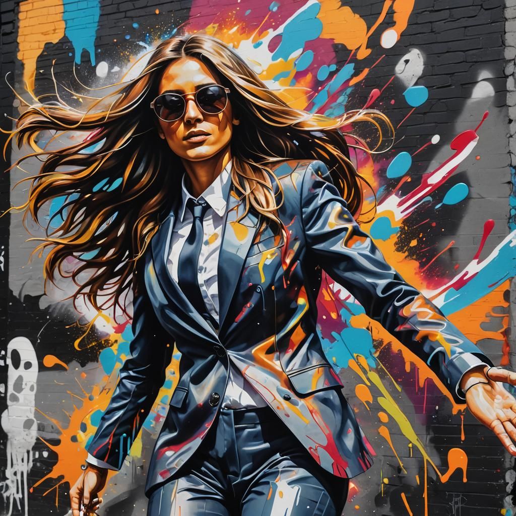 Vibrant Street Art of Girl in Suit