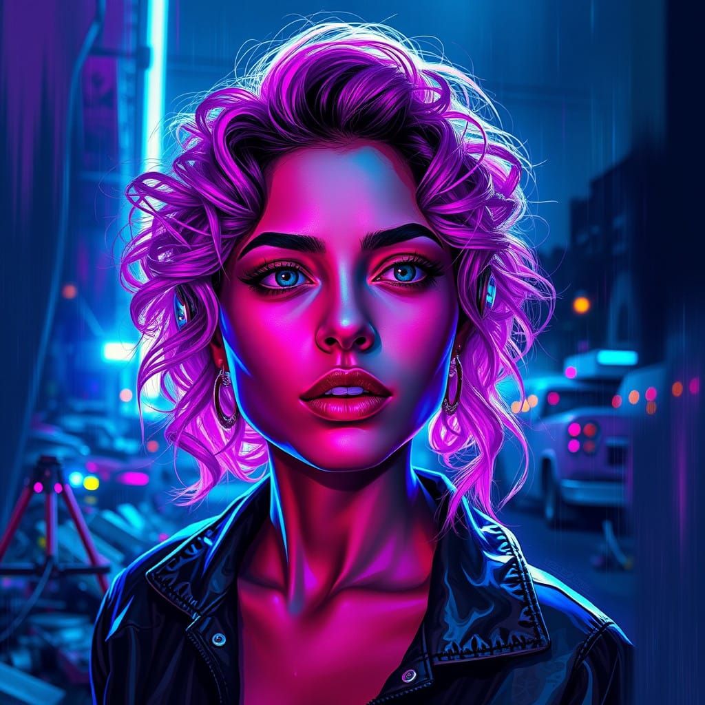 Vibrant Raver Goddess Glows in Junkyard Under Digital Strobe