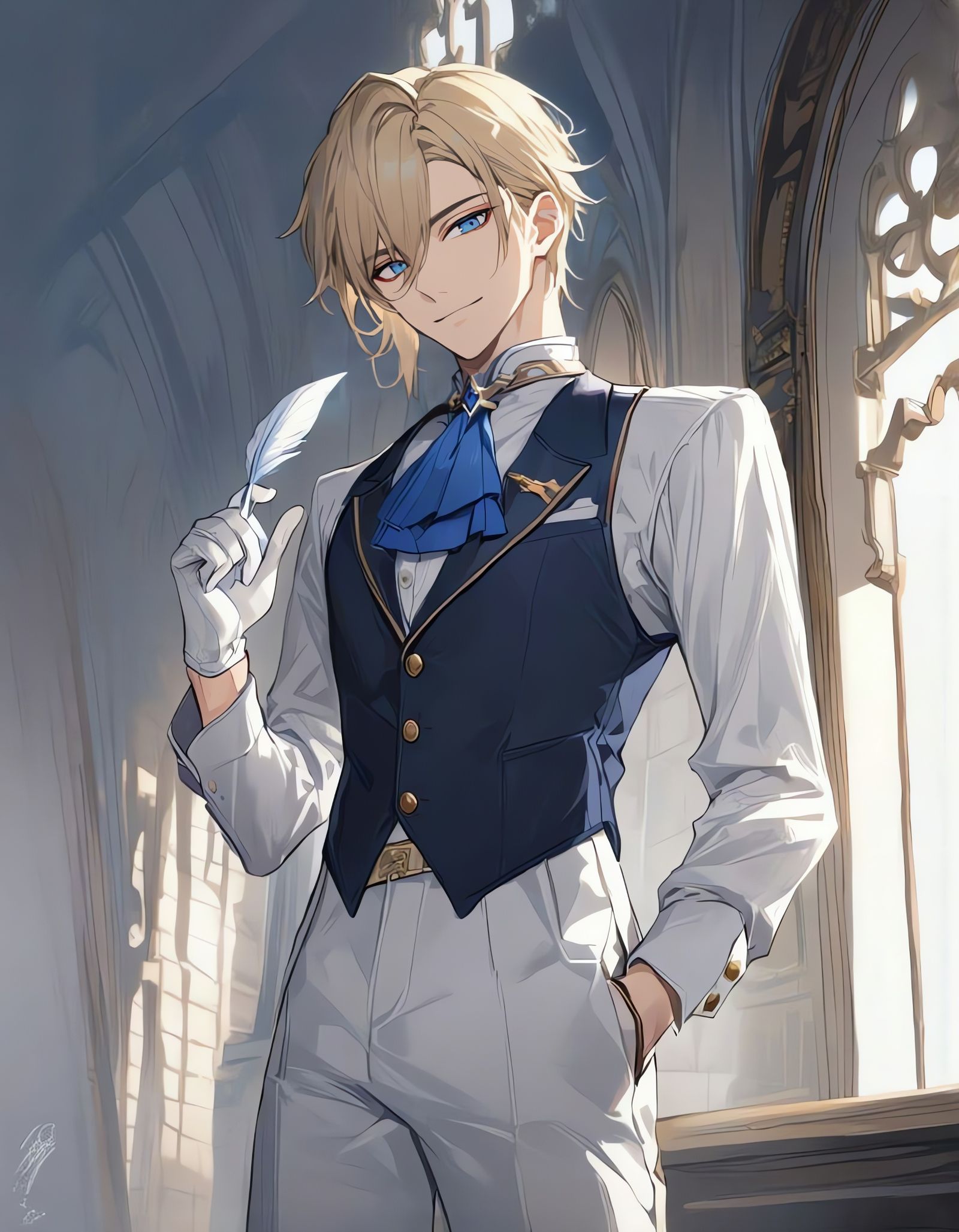 Smiling Bishounen with Feather on White Background