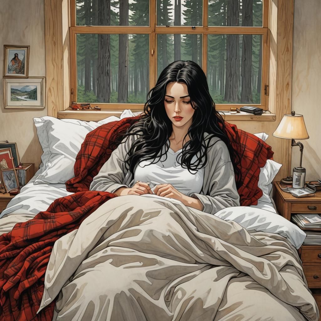 Woman Sick in Bed, Bande Dessinée Style