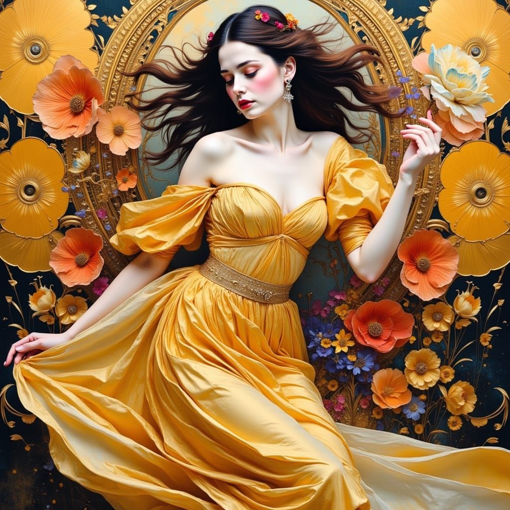 Woman Running with Fiery Energy in Dynamic Collage Style