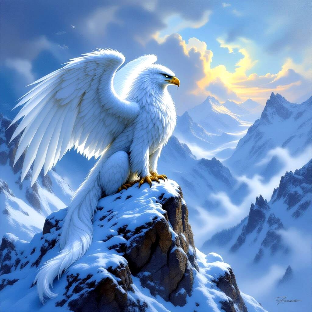 Griffin Overlooking Misty Valley as Oil Painting