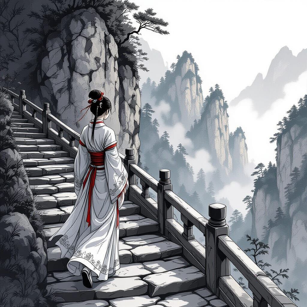 Ancient Chinese Woman on Cliffside Stairway, Ink Drawing