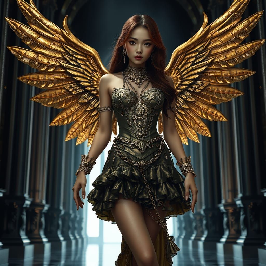 Ethereal Asian Woman with Gold Wings in Gothic Art