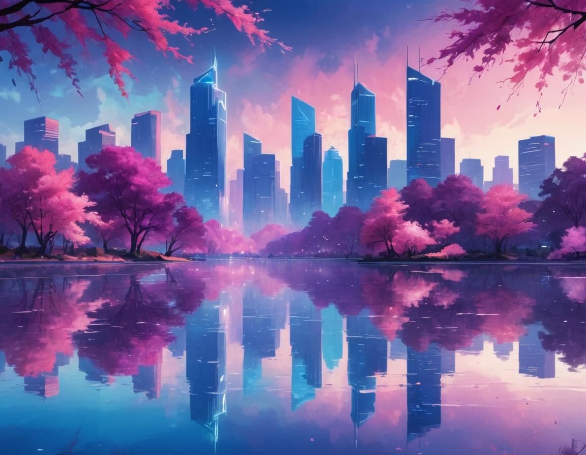 Futuristic Cityscape Reflected in Lake with Glowing Trees