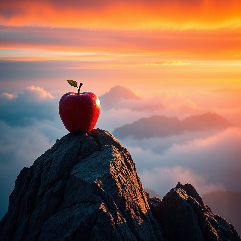 Vibrant Red Apple on a Misty Mountain Peak