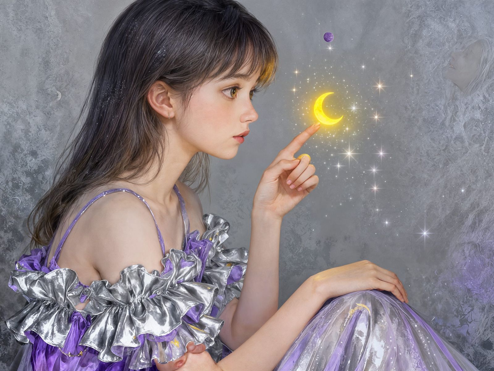 Woman Holds Crescent Moon in Whimsical Fantasy Illustration