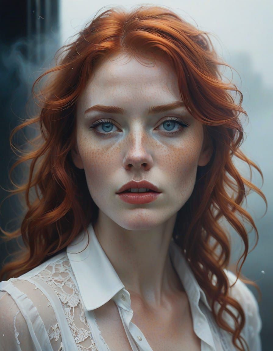 Hyper-Realistic Portrait of a Woman with Fiery Red Hair and...