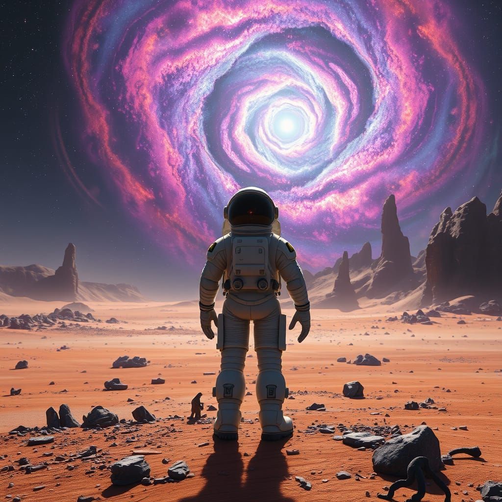 A breathtaking masterpiece: A lone astronaut stands on a desolate alien planet, gazing up at a swirling nebula in the sk...