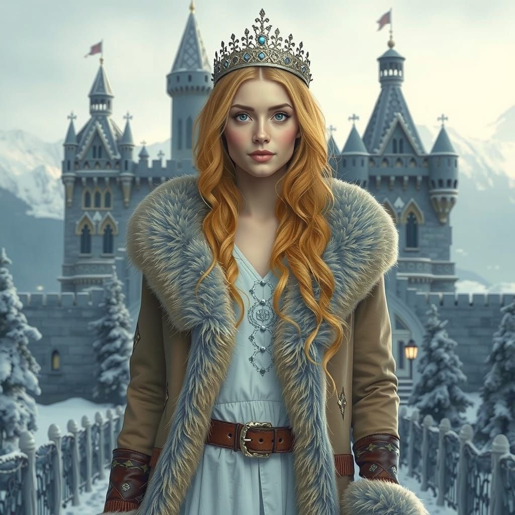 Winter Princess Before Snow Castle, Photorealistic Portrait