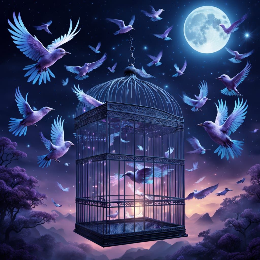 Glowing Birds Escape Open Cage into Moonlit Sky
