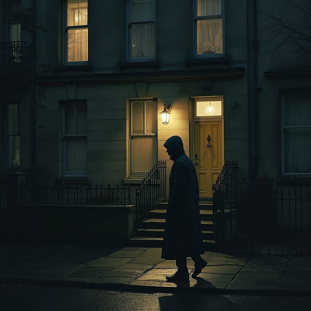 Glasgow Tenement at Night, Moody Street Scene in Long Coat S...