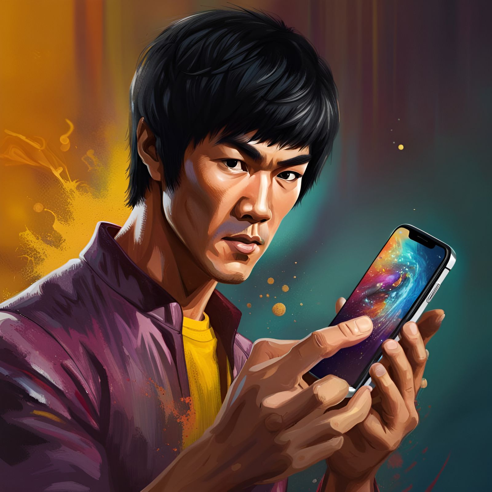 Bruce Lee holding an iPhone
