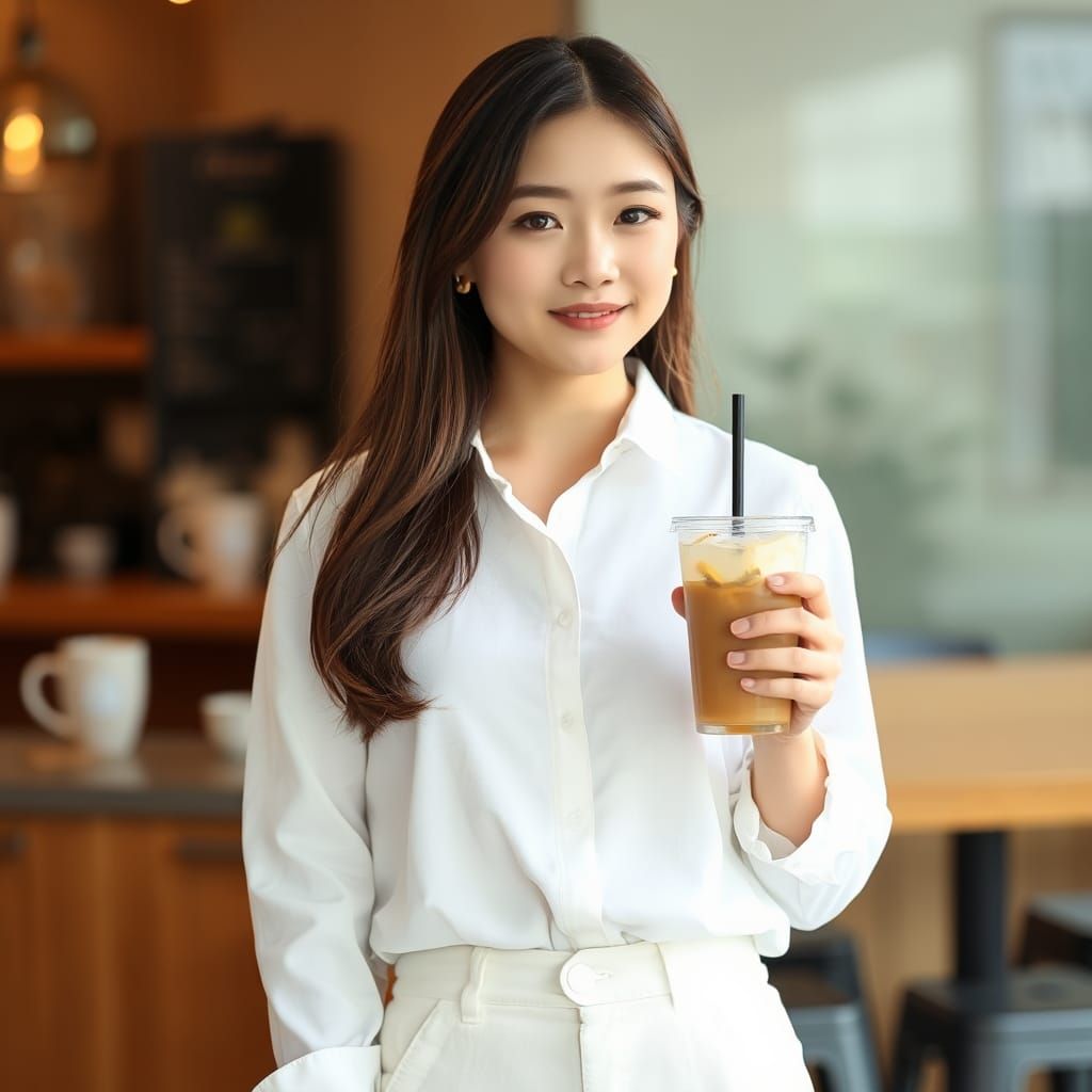 Young Woman Holding Drink in Coffee Shop