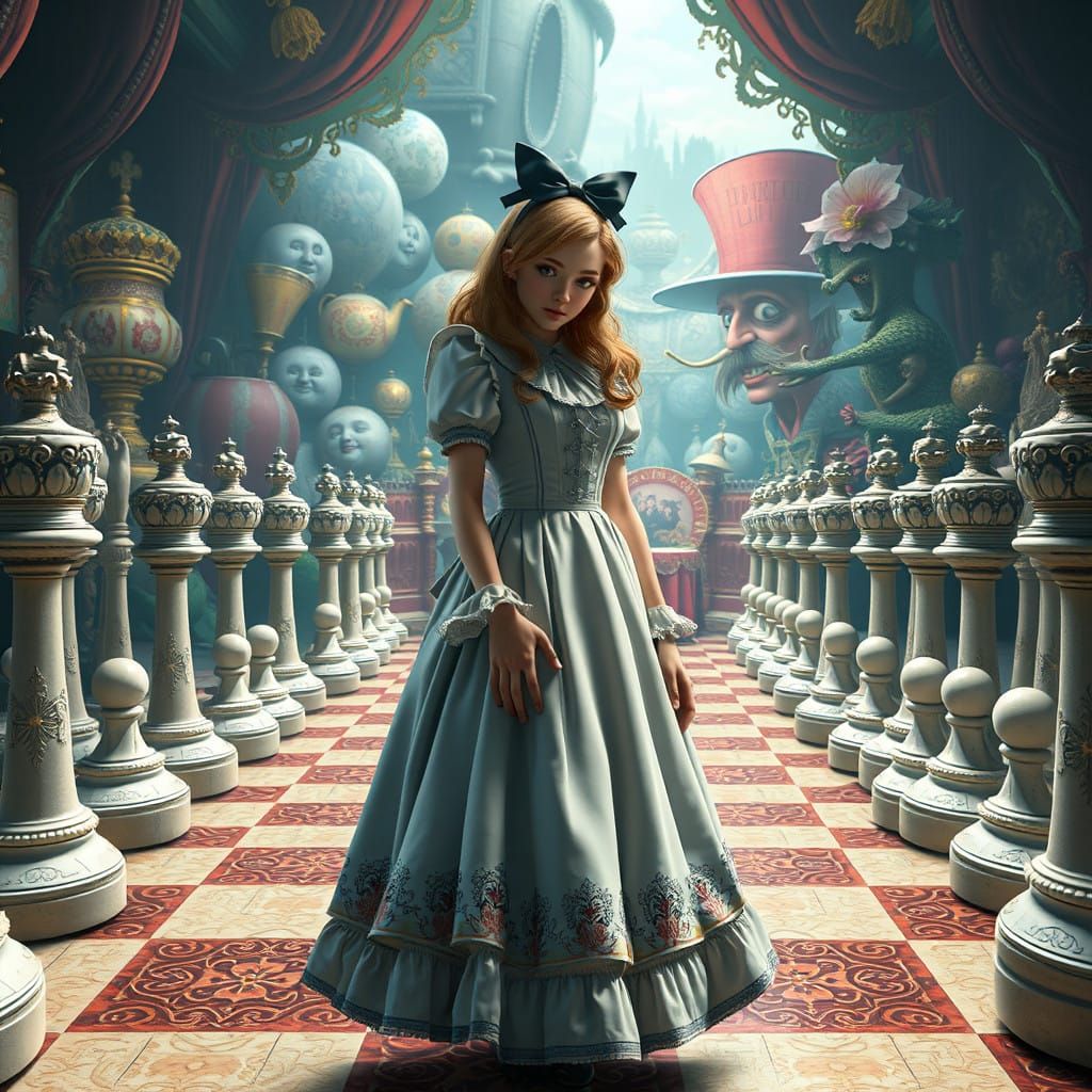 Elegant Alice in Whimsical Chessboard Wonderland