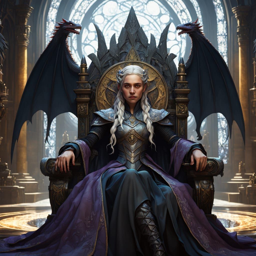 Daenerys on Gothic Throne with Dragon, Dark Fantasy Art