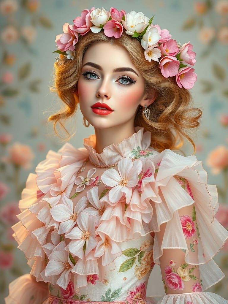 Floral woman:
Outfit: Dresses and suits covered in floral prints, with ruffles and layers mimicking flower structures.
A...
