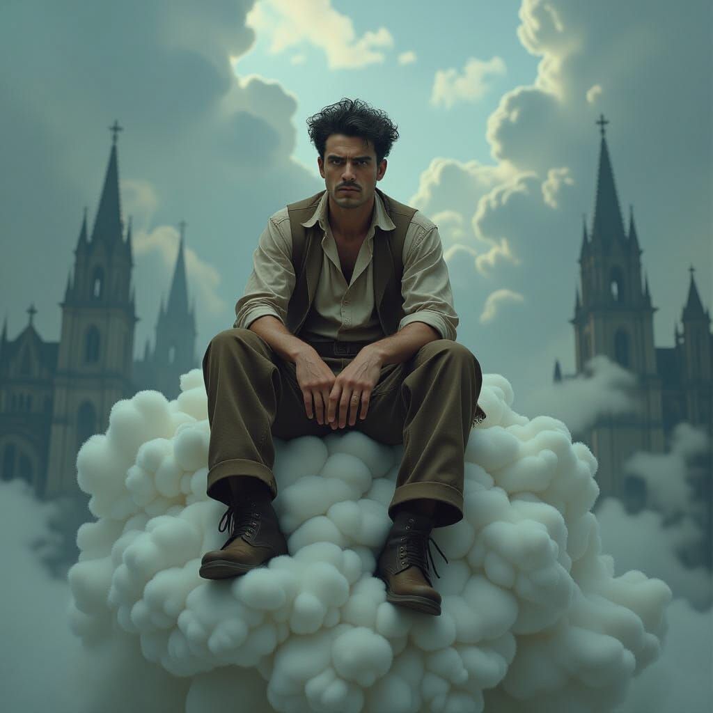 Frenzied Man on Cloud in Surrealist Style