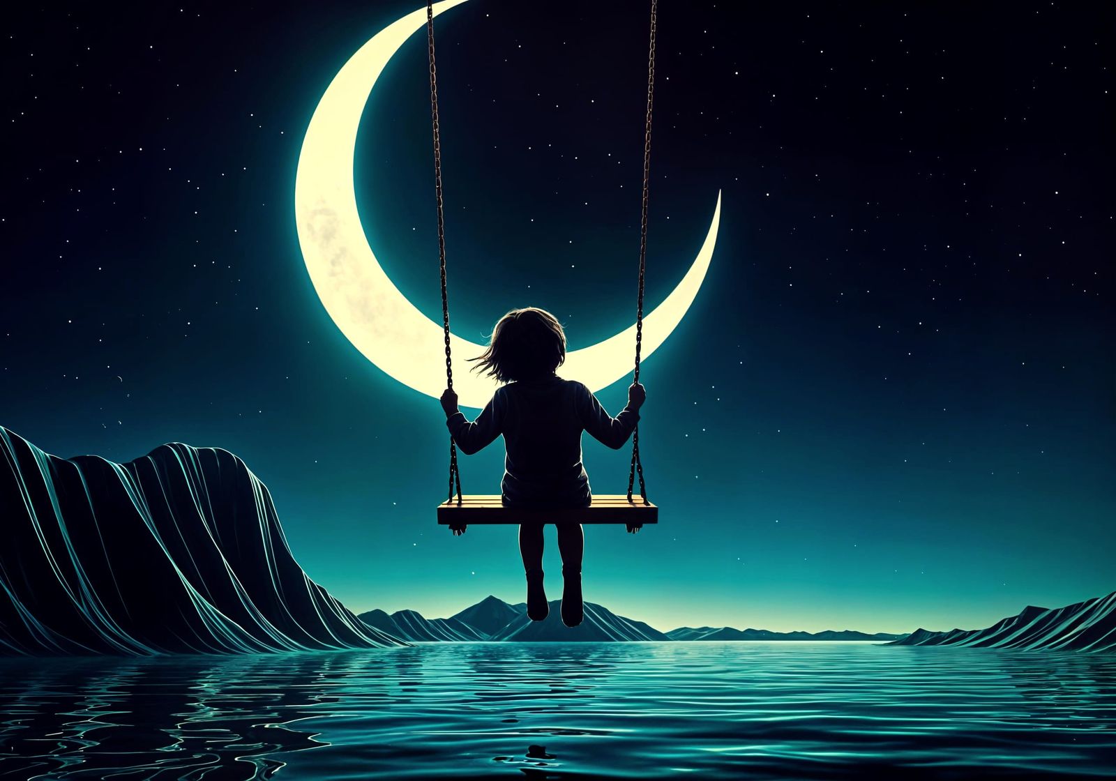 Child on Crescent Moon Swing: Surreal Dreamscape