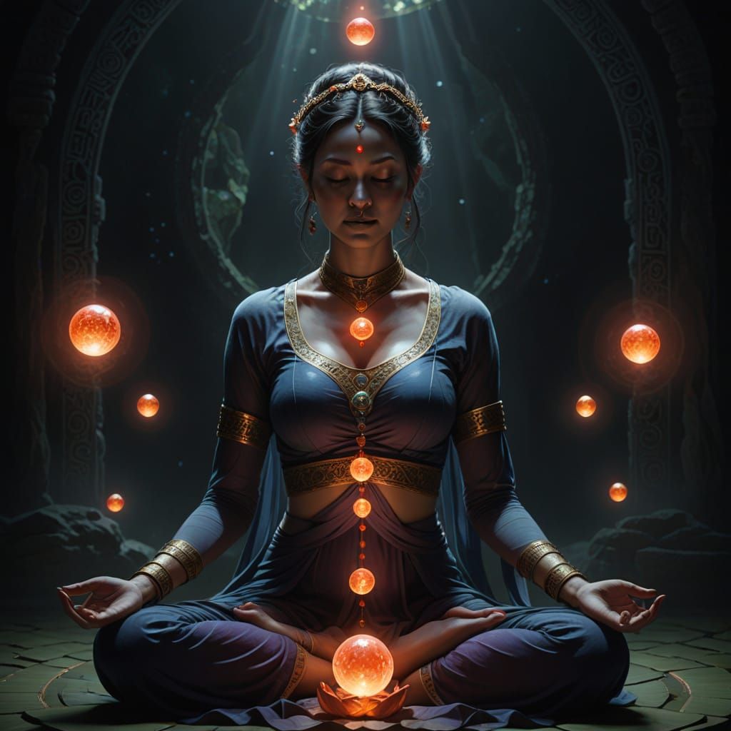 Meditating Woman with Chakra Orbs in Ethereal Light