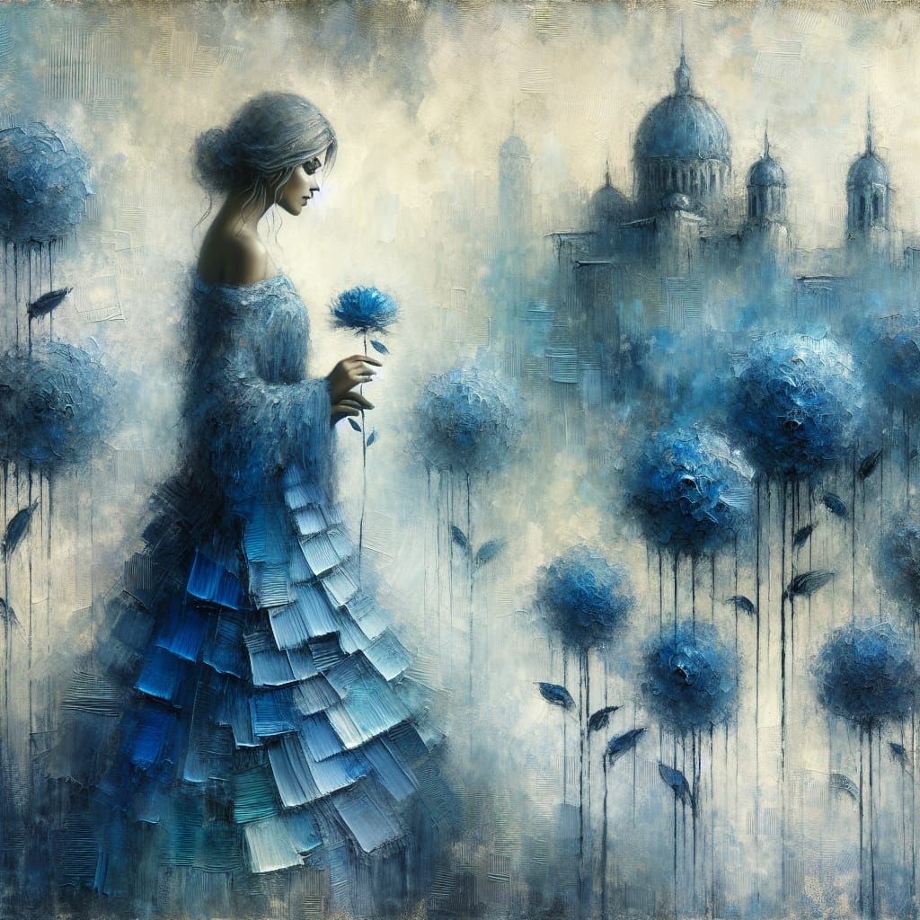 Woman in Blue Dress Among Blue Flowers, Impressionistic Styl...