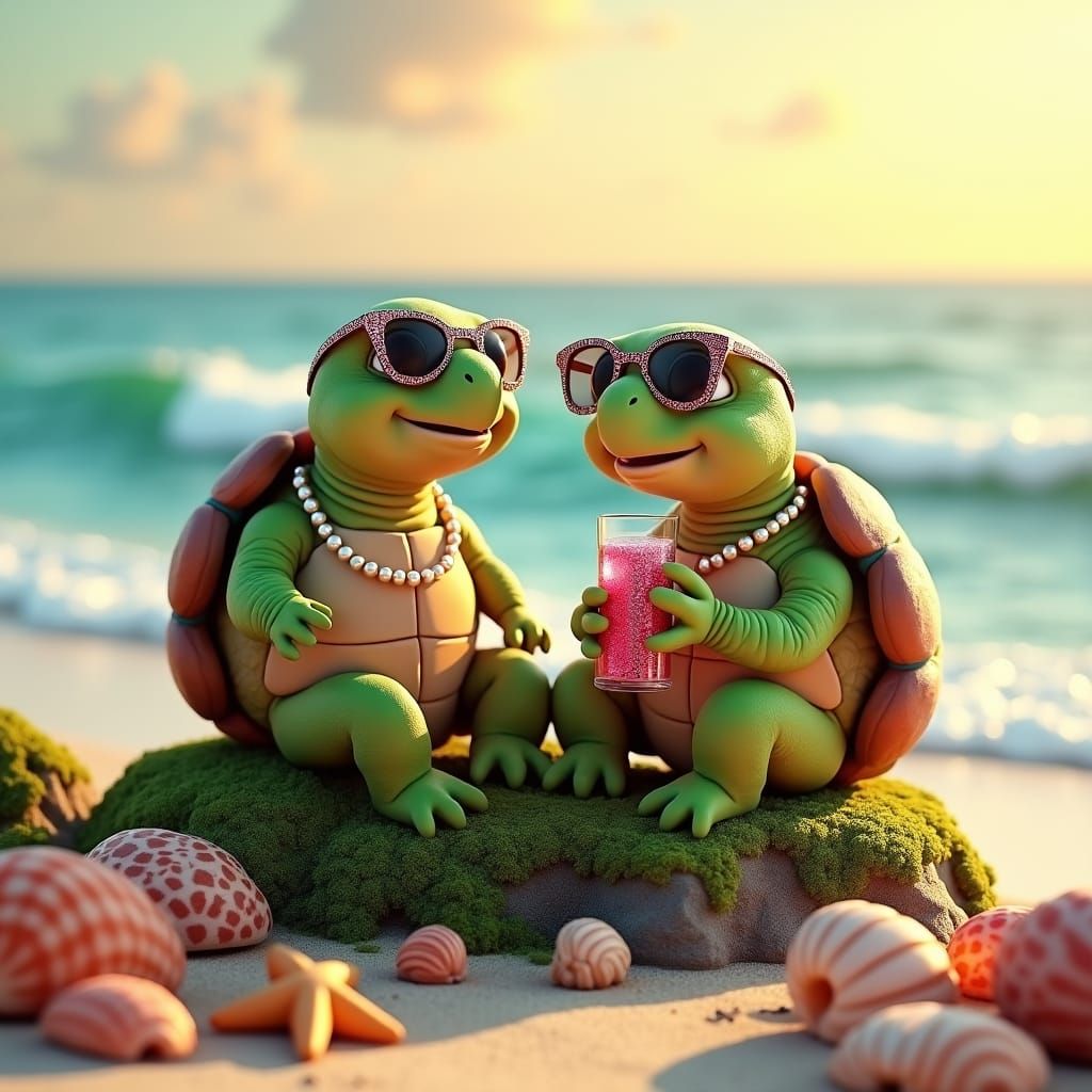 Turtle Friends Enjoy Sparkling Drinks in 3D Digital Art