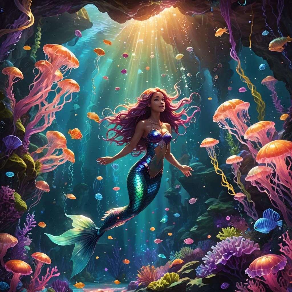 Mermaid in Underwater Cave with Bioluminescent Life