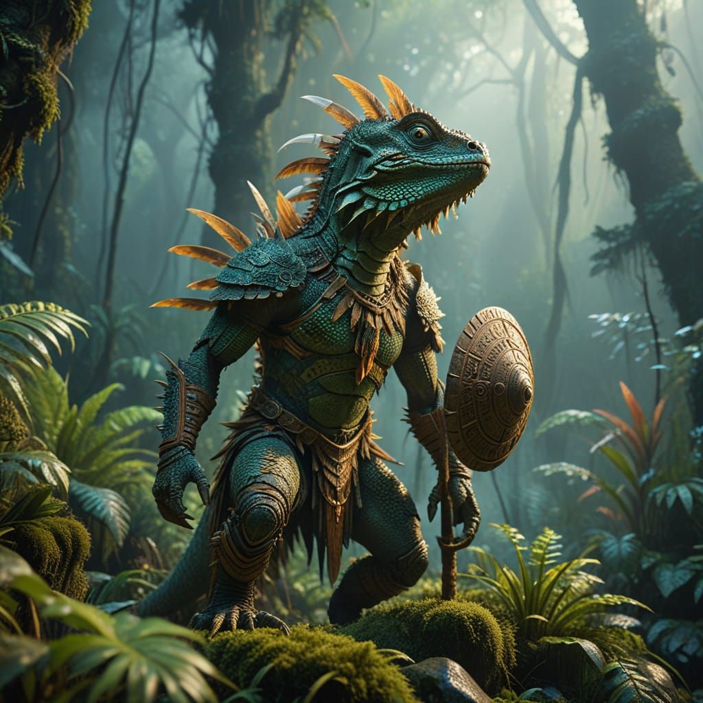 Warrior Lizard in Jungle: Tribal Fantasy Art