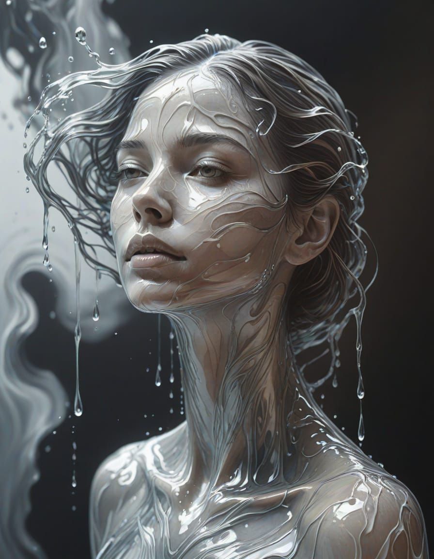 Pencil Sketch of Face Morphing into Flowing Water