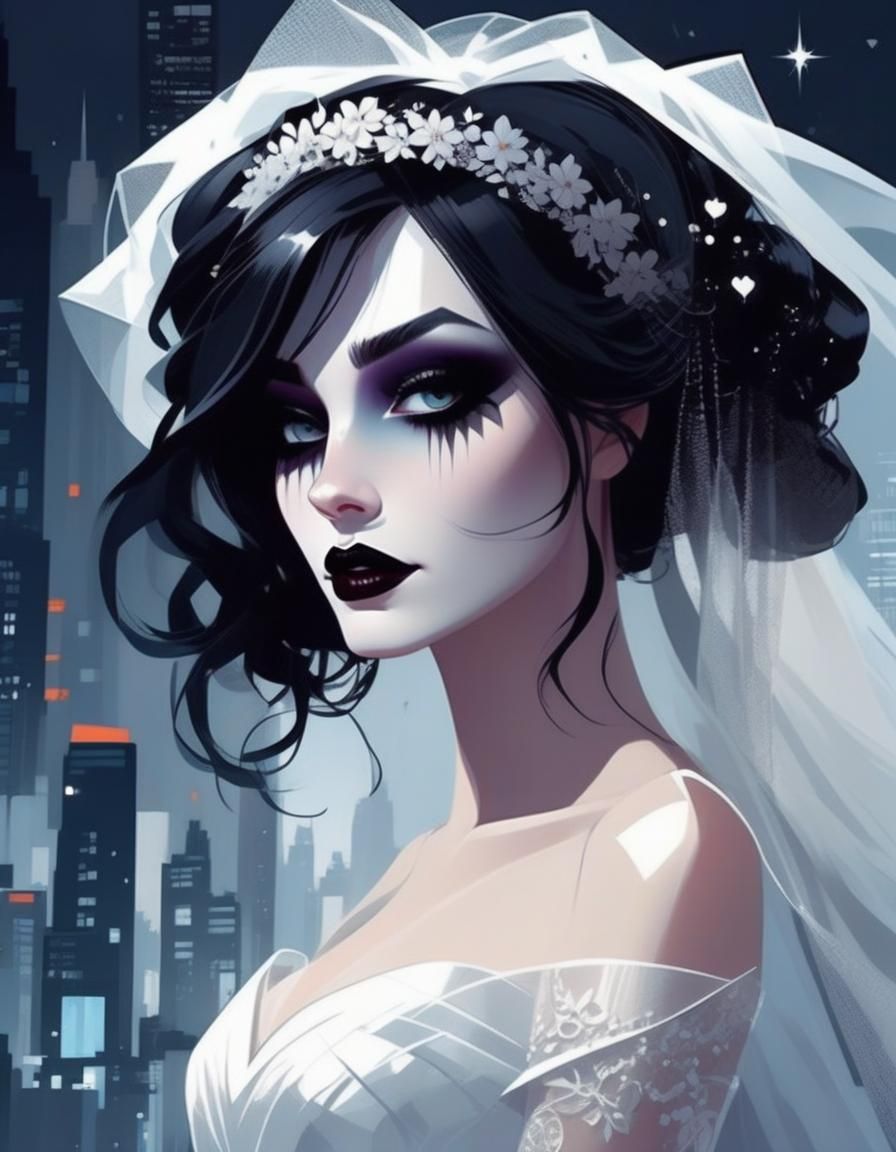 Goth Bride in the City: Digital Illustration