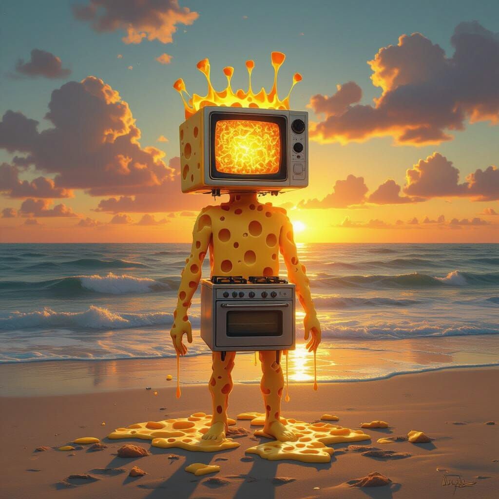 Surreal Figure with Food Body on Beach at Sunset