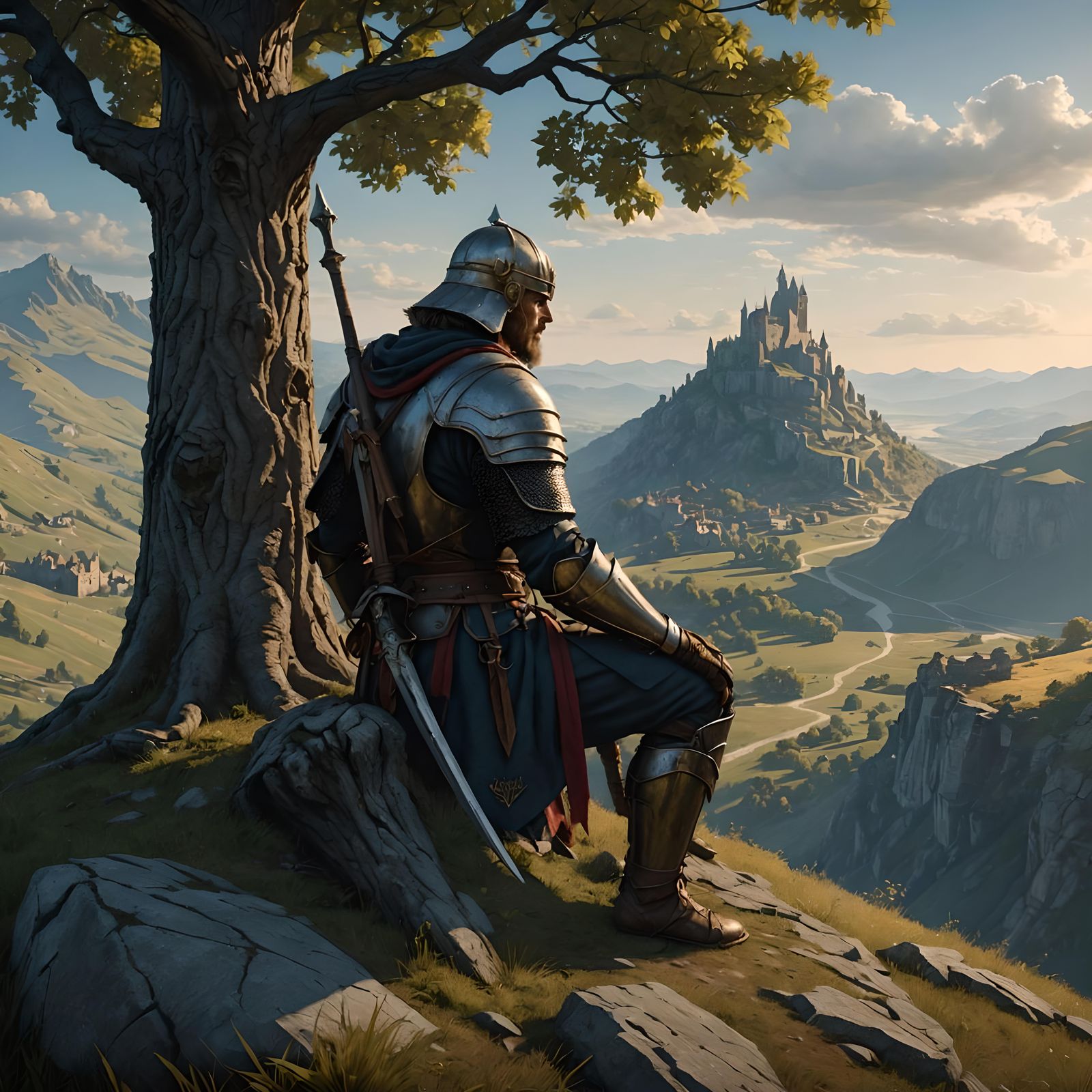 Medieval Warrior Observes Battlefield, Dark Fantasy Art