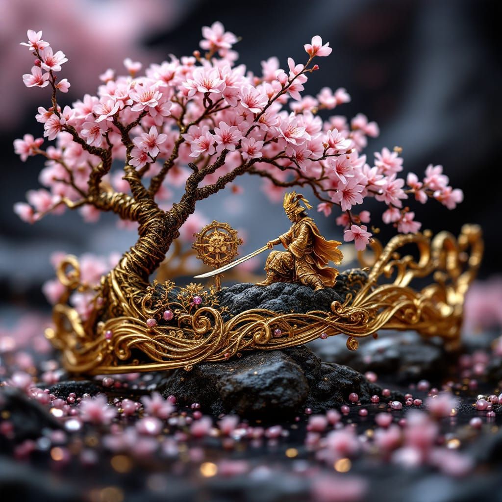 Golden Samurai Tiara with Cherry Blossoms and Pink Gemstones