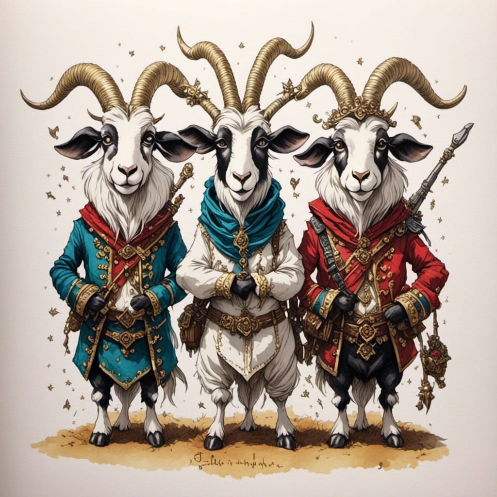 Anthro Goats as Three Musketeers in Ink Sketch