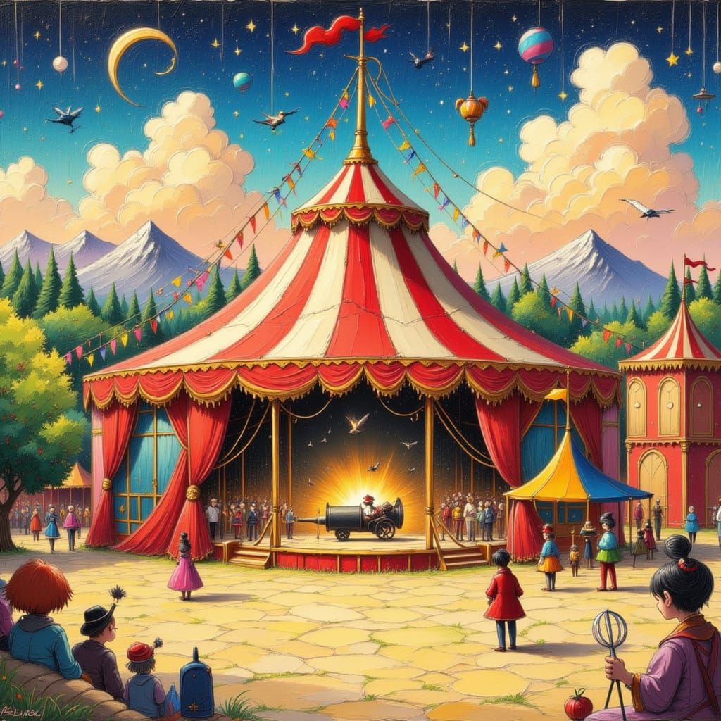 Vibrant Anime Circus Scene with Performers and Cannon