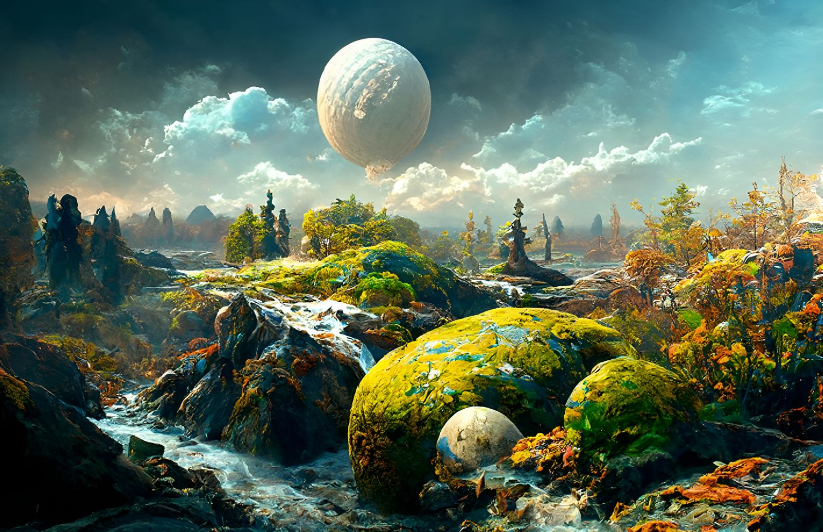 Alien Moonrise Over Forest in Kinetic Pointillism