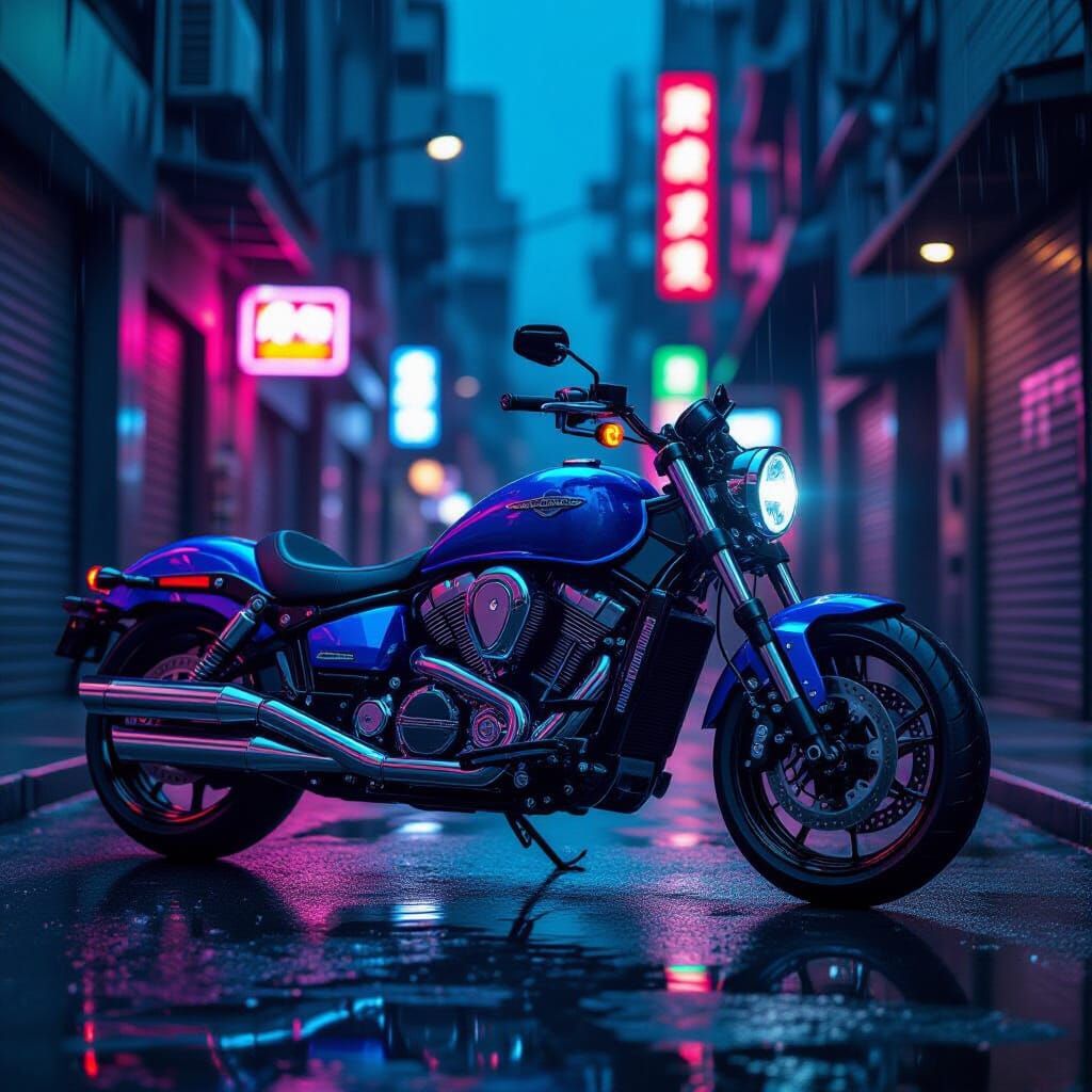 Futuristic Chrome Motorcycle in Cyberpunk Cityscape