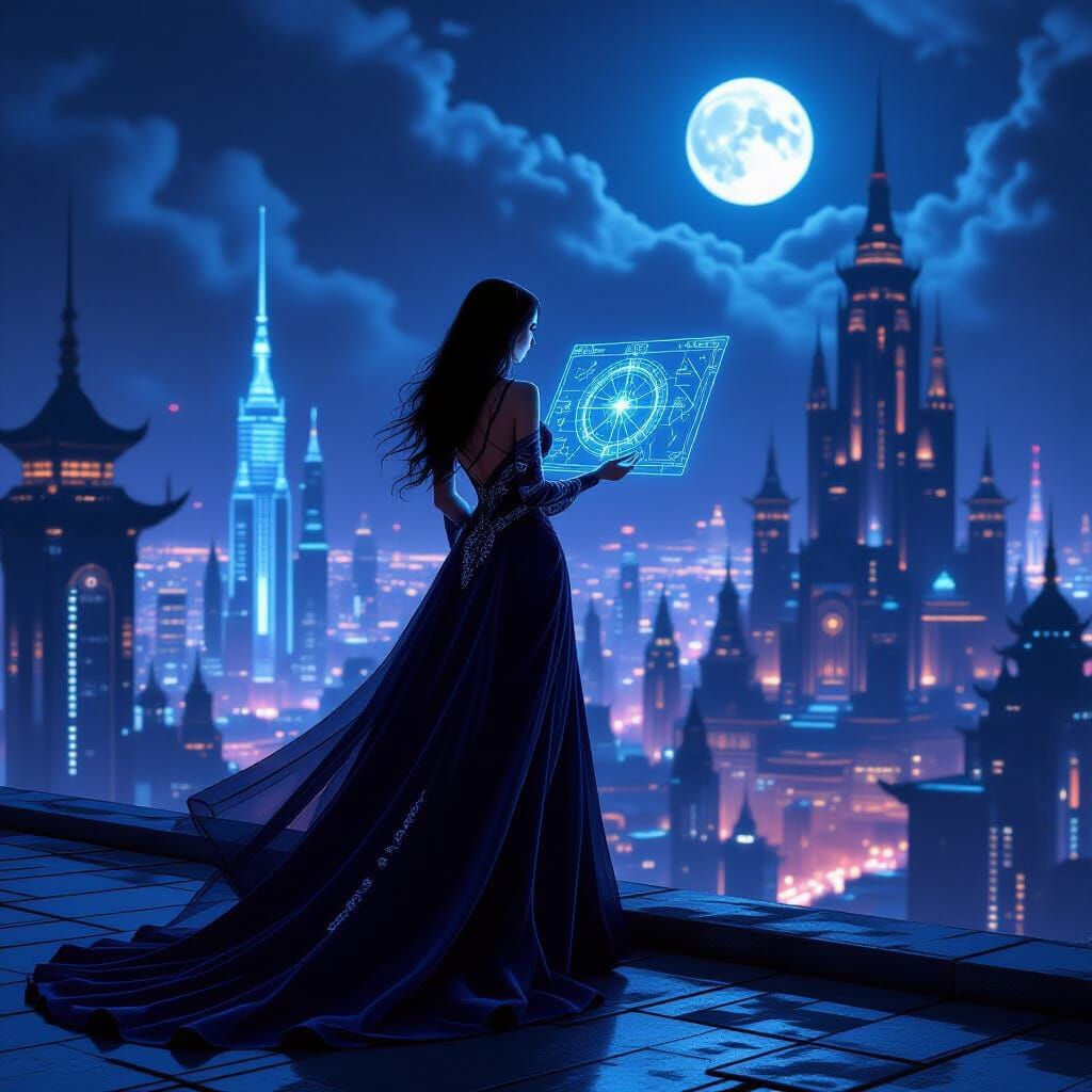 Urban Sorceress on Rooftop with Holographic Map in Cyberpunk...