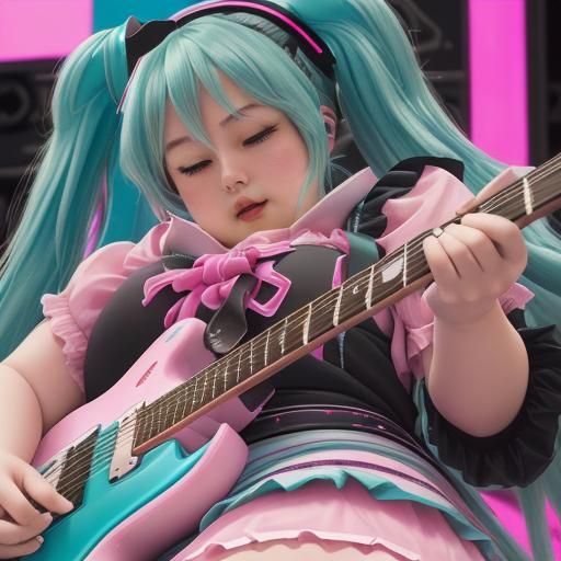Hatsune Miku Shreds Guitar in Synthwave Style