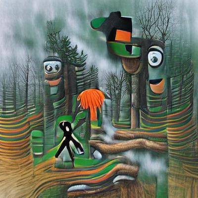 Whimsical Wooden Figure in Foggy Forest