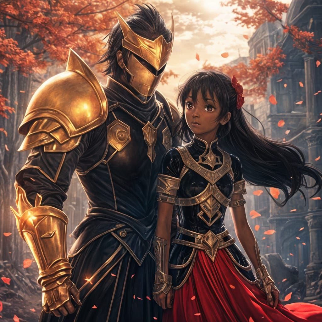 Anime Girl and Knight Embrace in Detailed Matte Painting