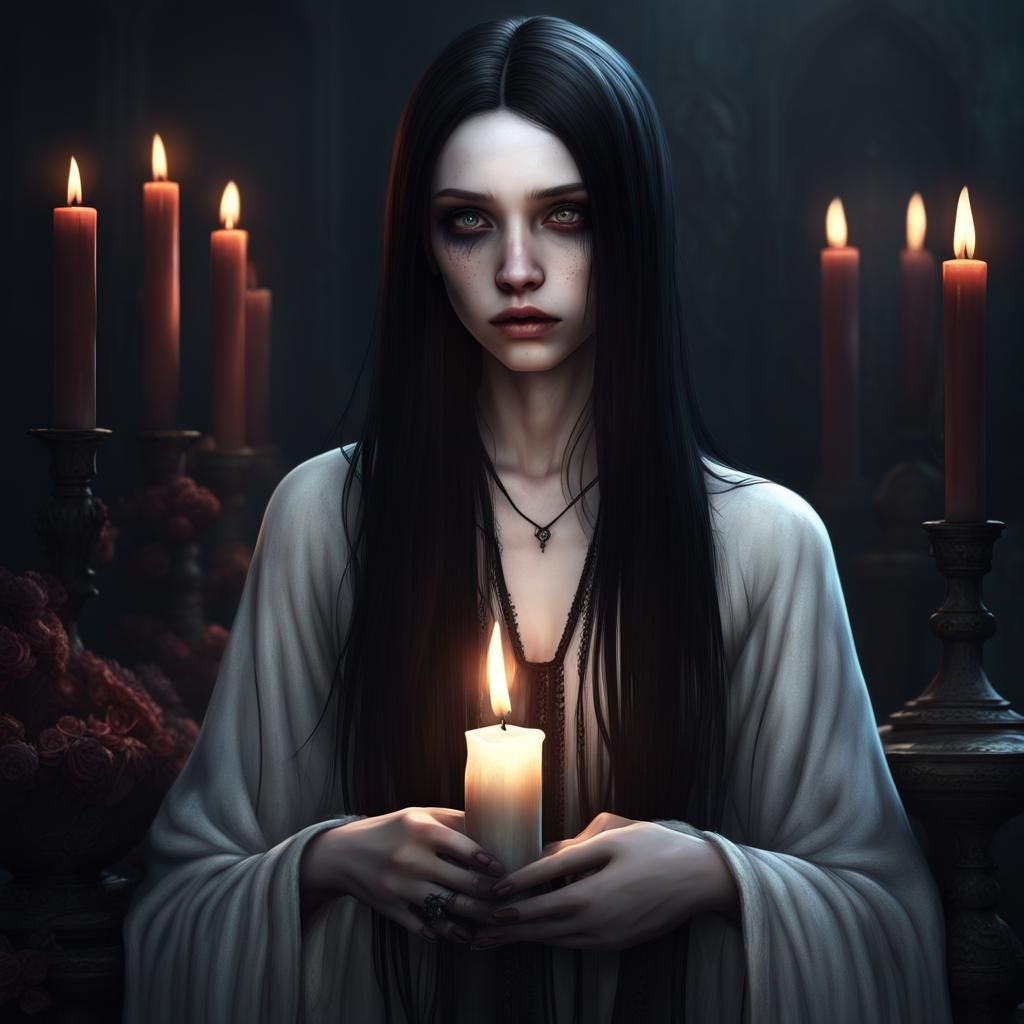 Sad Goth Girl Crying by Candlelight
